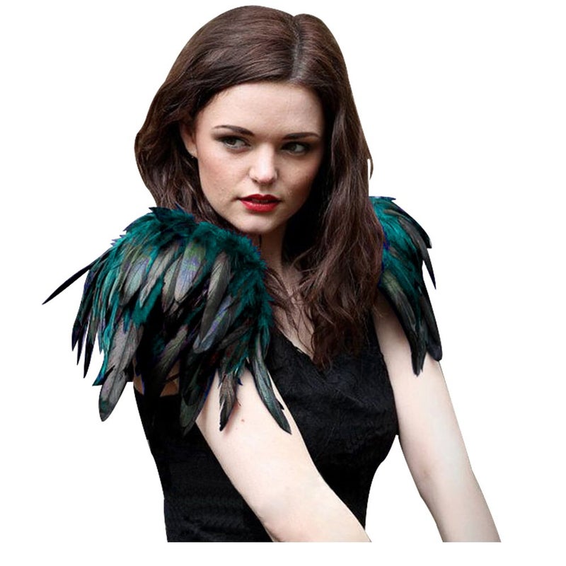 L'VOW Natural Real Feather Epaulet Shrug Shoulder Strap Halloween Costumes Pack of 2 (Acid blue) - Image 2